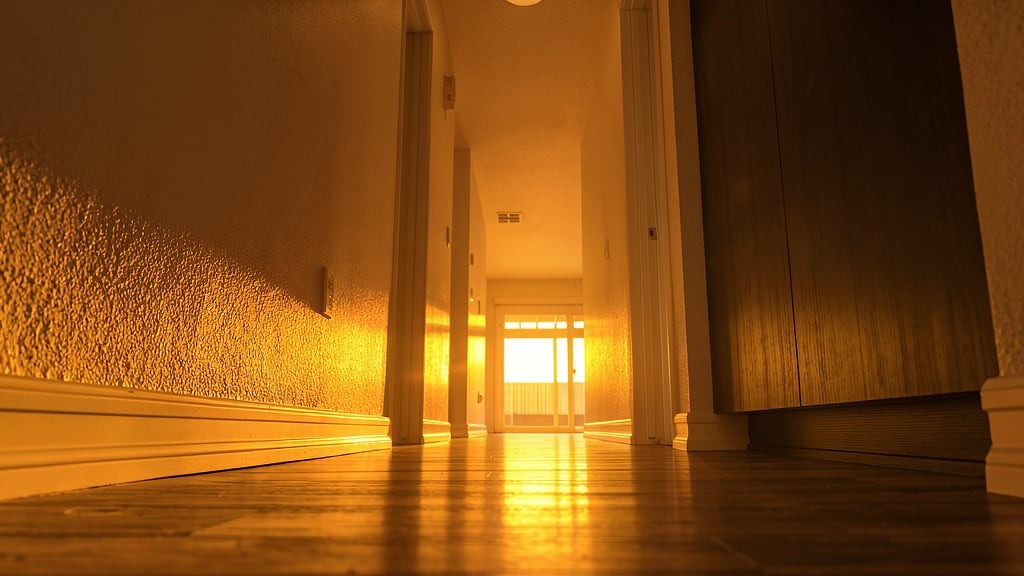 A low-angle view down a narrow hallway with hardwood floors, white trim, and warm golden sunlight glowing from a window at the far end