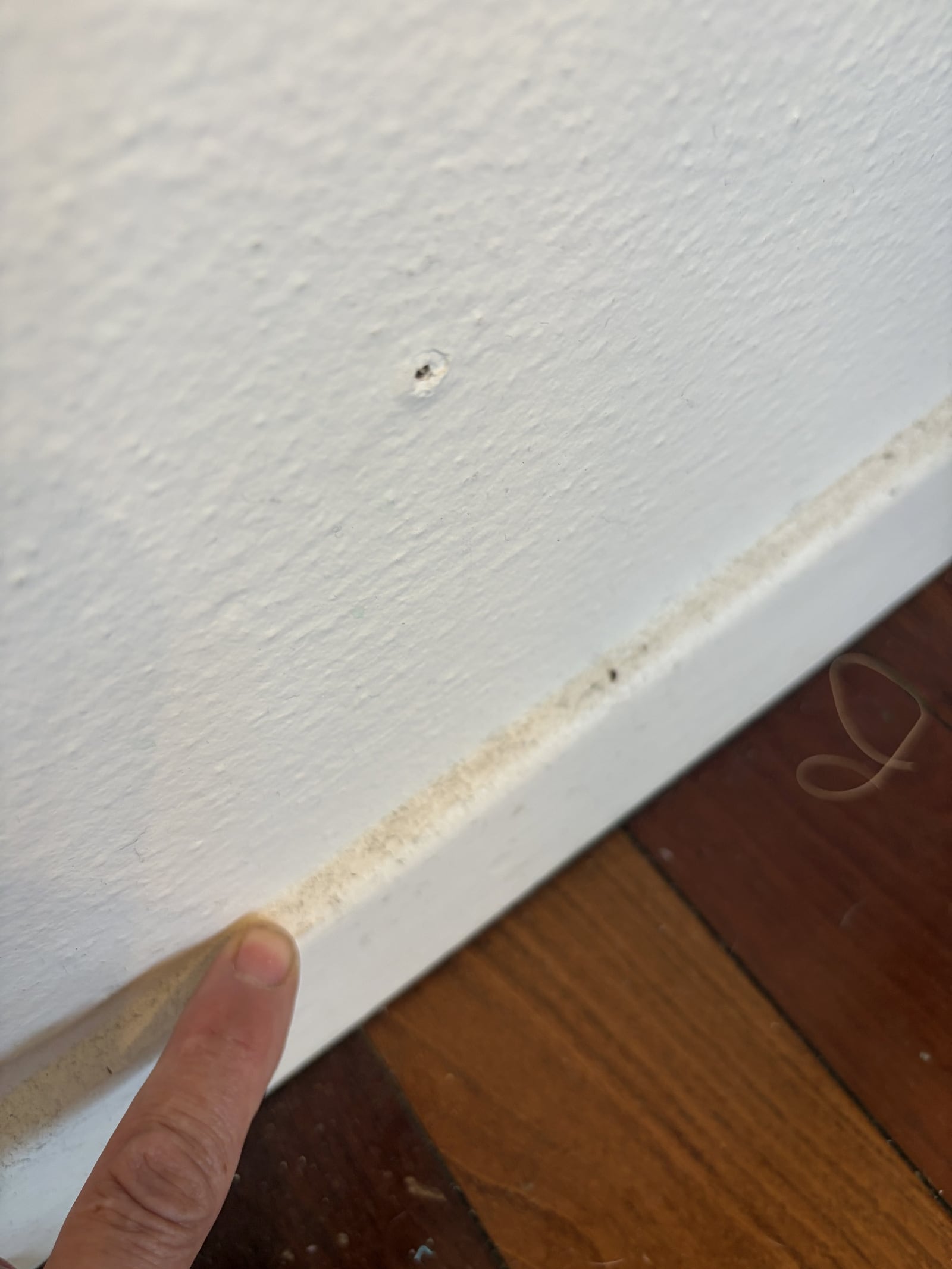 A finger points to a thick line of dust and dirt built up along the base of a white baseboard above a wood floor